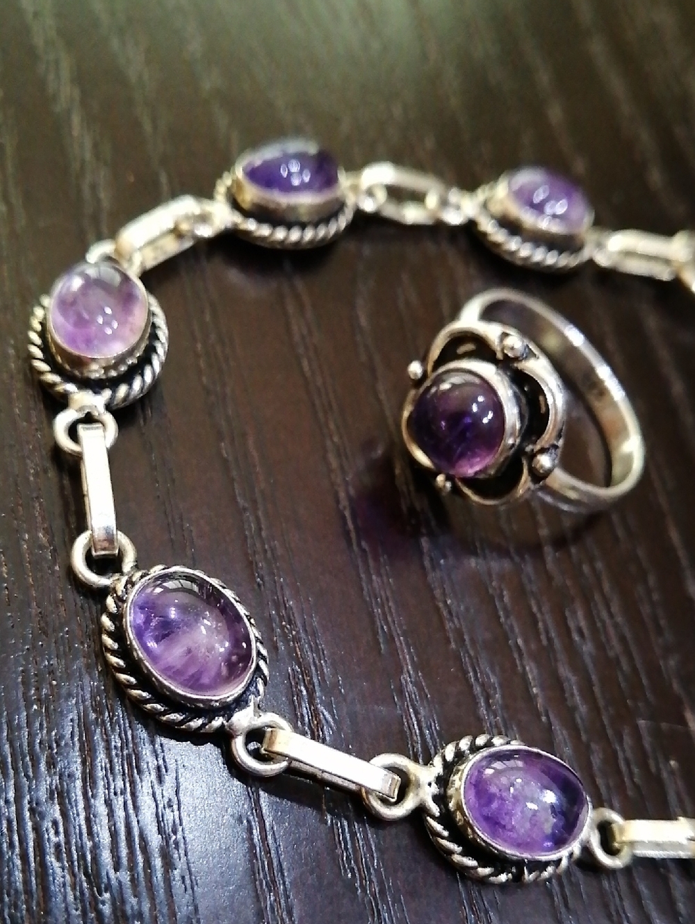 Natural Amethyst Silver Plated Ring And Bracelet Bundle Lot